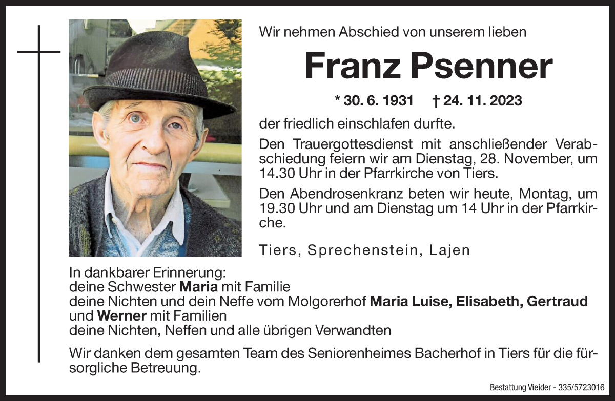  Traueranzeige für Franz Psenner vom 27.11.2023 aus Dolomiten