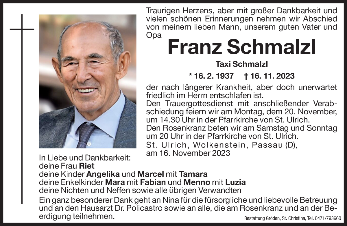  Traueranzeige für Franz Schmalzl vom 18.11.2023 aus Dolomiten