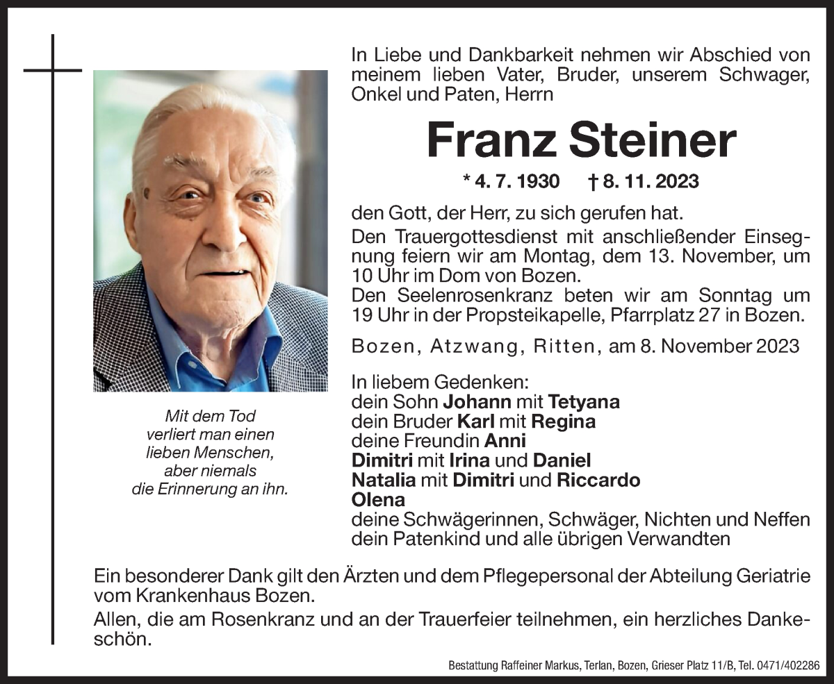  Traueranzeige für Franz Steiner vom 10.11.2023 aus Dolomiten