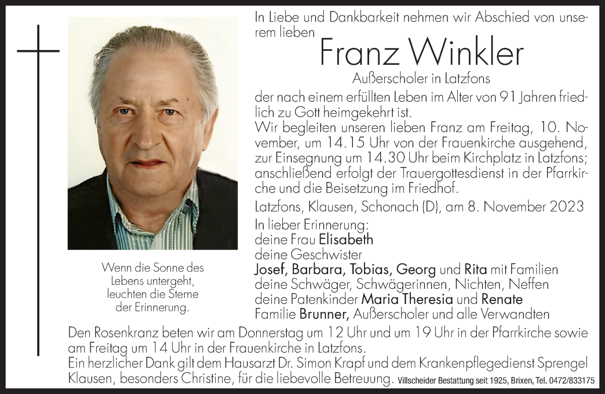  Traueranzeige für Franz Winkler vom 09.11.2023 aus Dolomiten