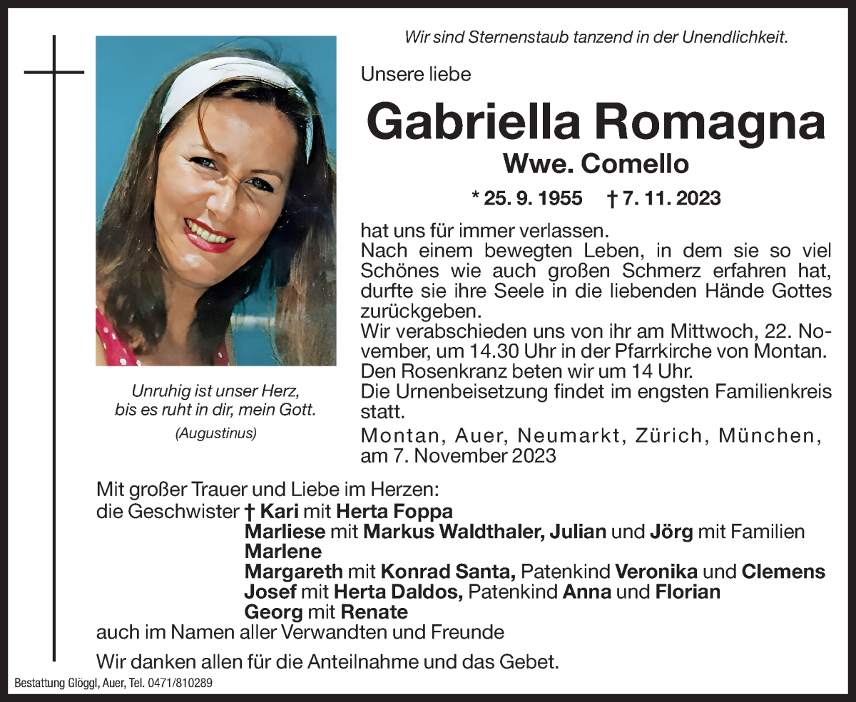  Traueranzeige für Gabriella Comello vom 20.11.2023 aus Dolomiten
