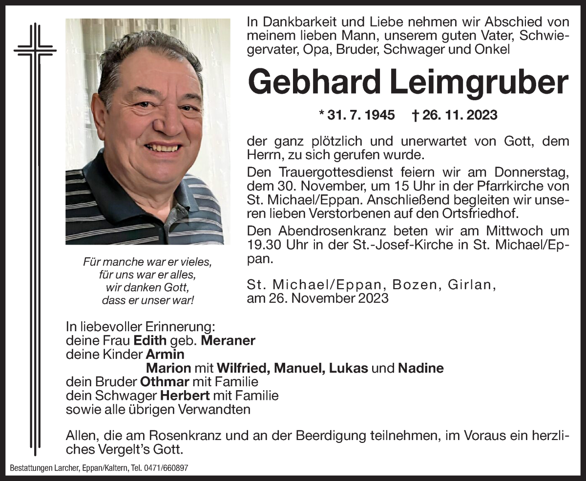  Traueranzeige für Gebhard Leimgruber vom 28.11.2023 aus Dolomiten