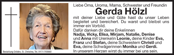 Traueranzeige von Gerda Hölzl von Dolomiten
