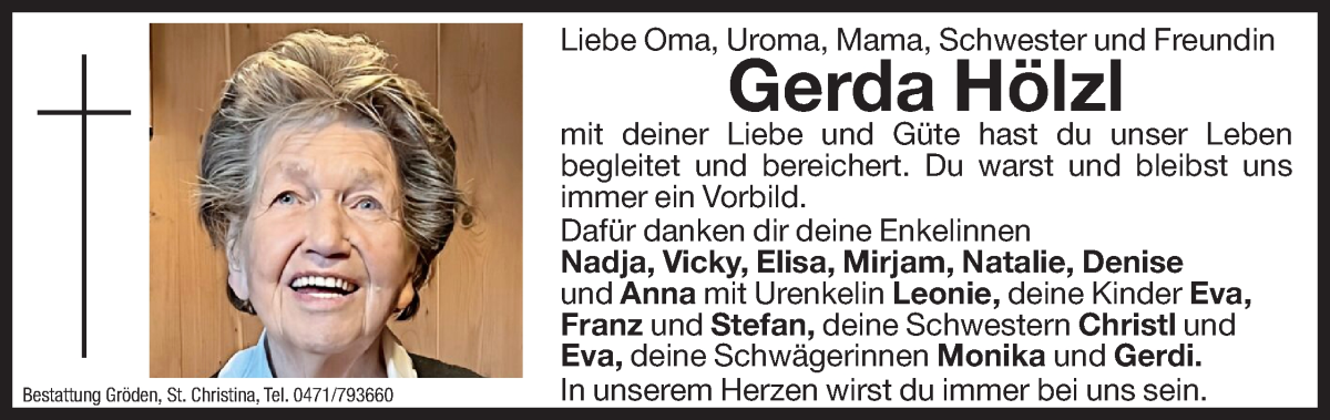  Traueranzeige für Gerda Hölzl vom 14.11.2023 aus Dolomiten