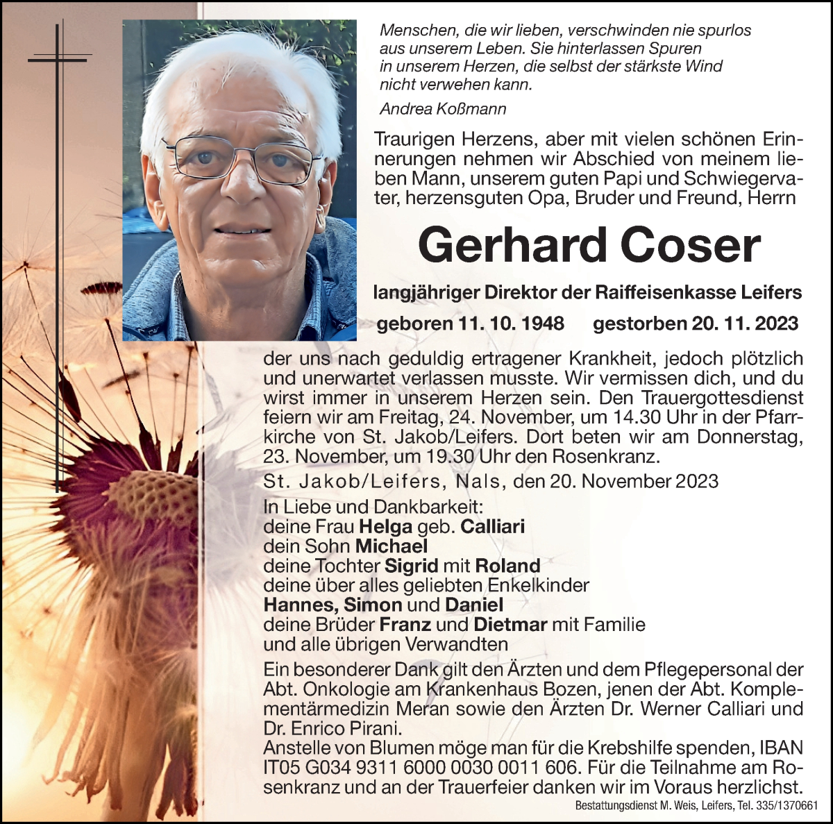  Traueranzeige für Gerhard Coser vom 22.11.2023 aus Dolomiten