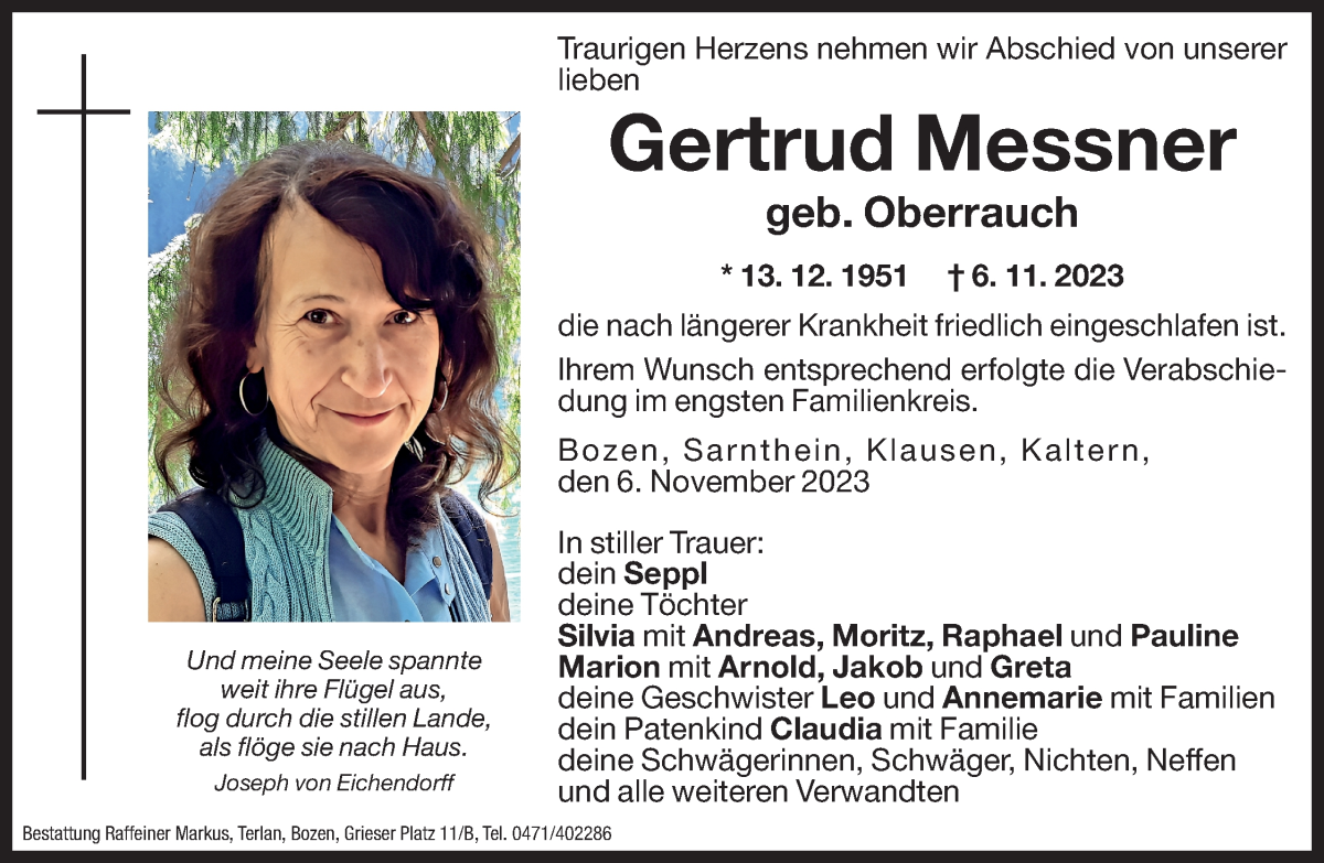  Traueranzeige für Gertrud Messner vom 10.11.2023 aus Dolomiten