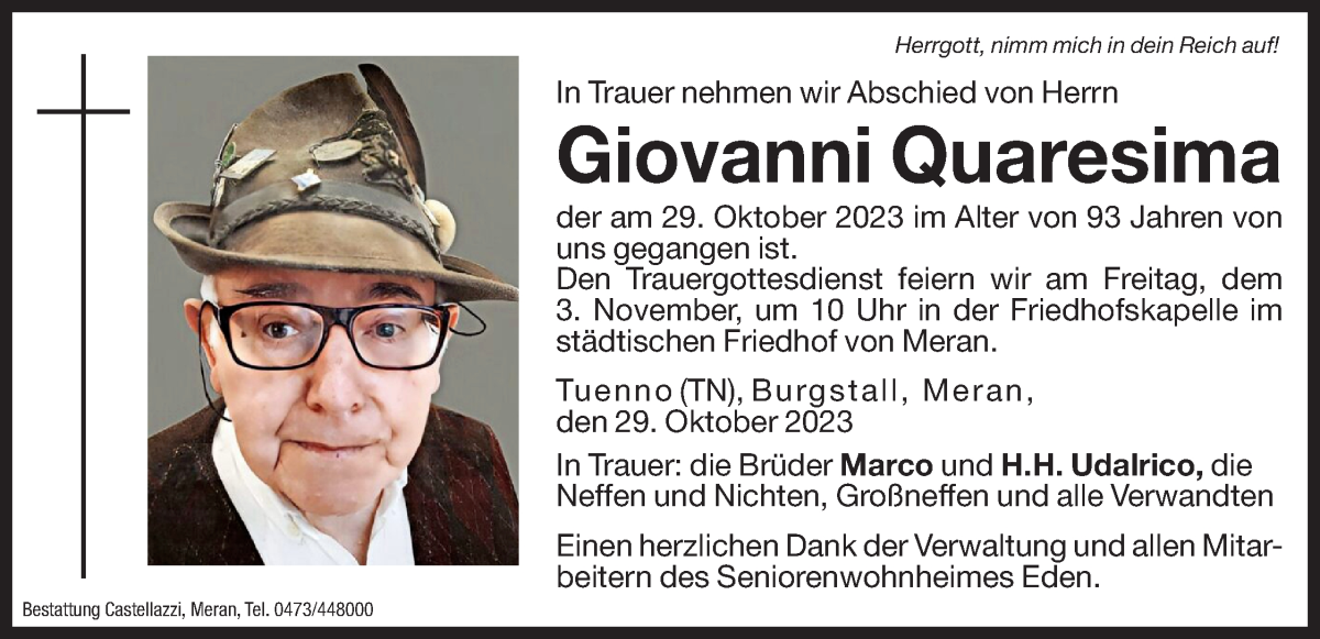  Traueranzeige für Giovanni Quaresima vom 02.11.2023 aus Dolomiten