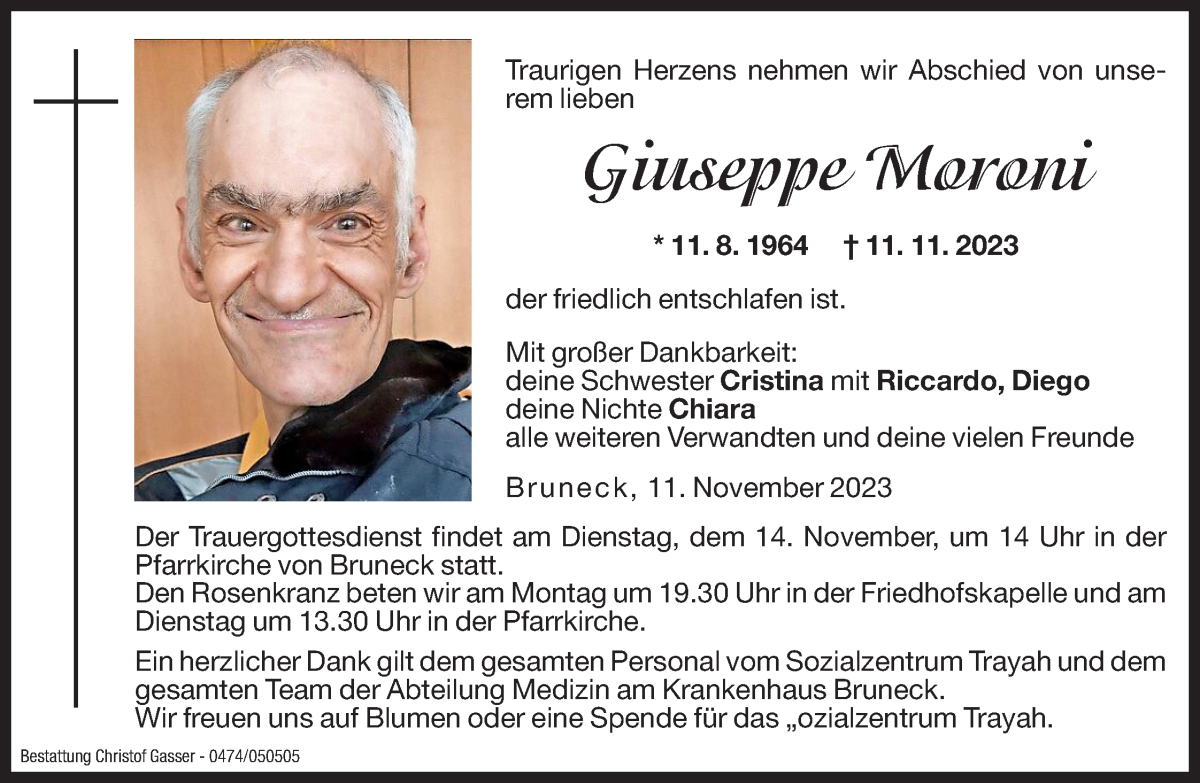  Traueranzeige für Giuseppe Moroni vom 13.11.2023 aus Dolomiten
