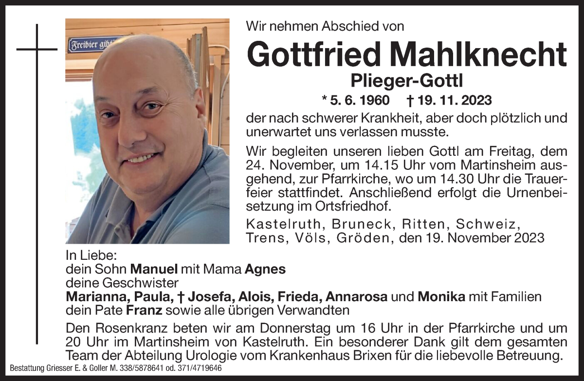  Traueranzeige für Gottfried Mahlknecht vom 22.11.2023 aus Dolomiten