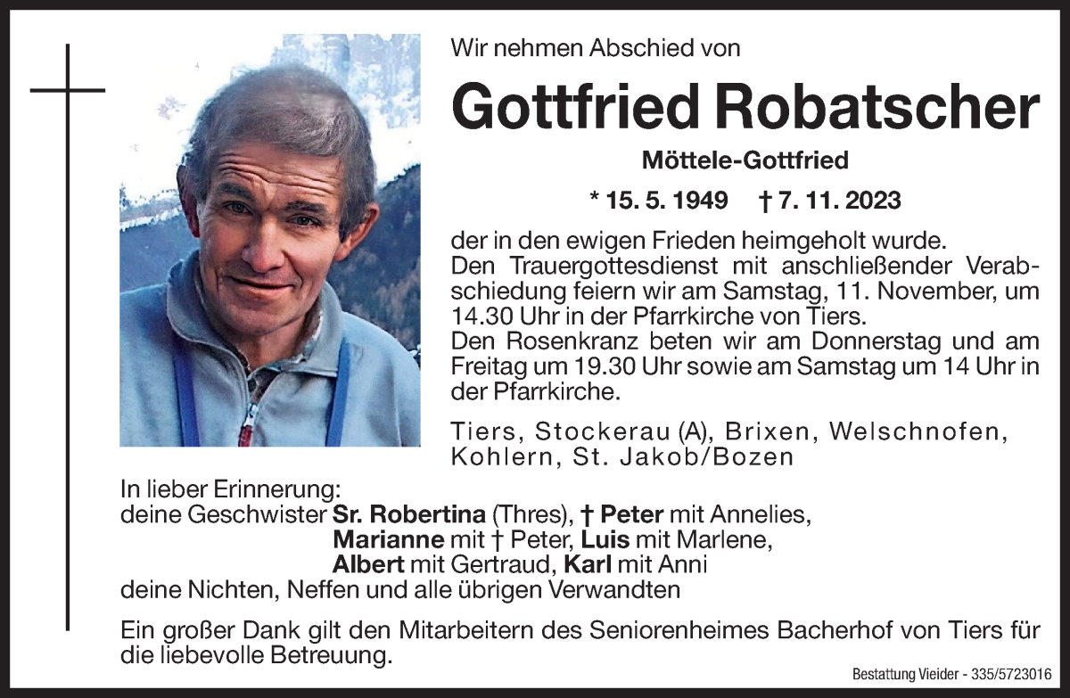  Traueranzeige für Gottfried Robatscher vom 09.11.2023 aus Dolomiten