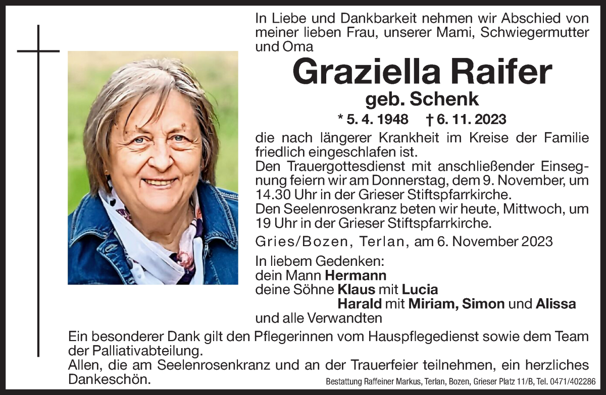  Traueranzeige für Graziella Raifer vom 08.11.2023 aus Dolomiten