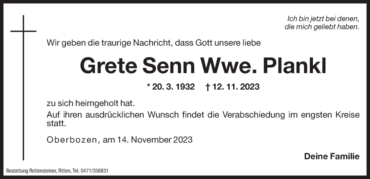  Traueranzeige für Grete Plankl vom 14.11.2023 aus Dolomiten