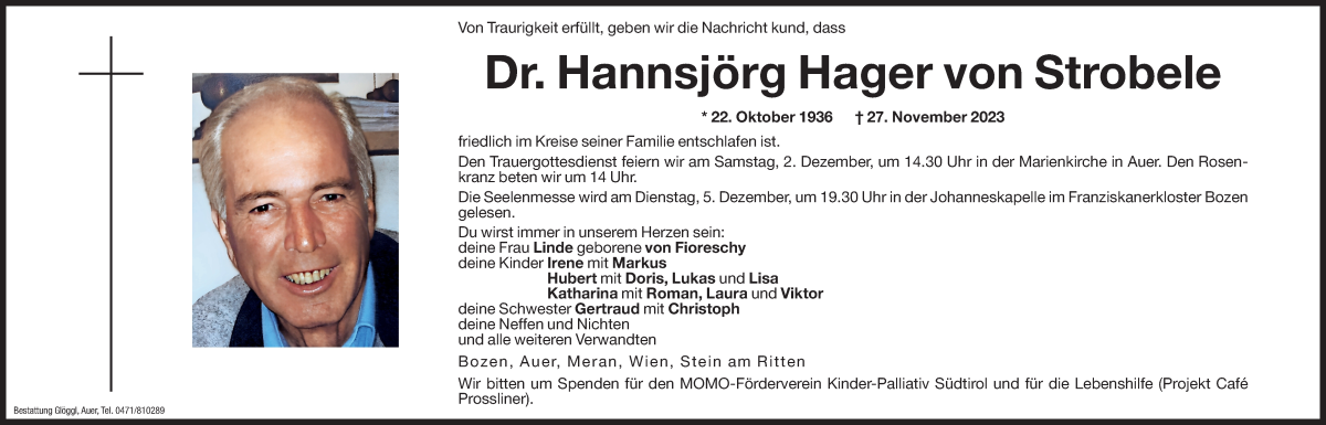  Traueranzeige für Hannsjörg Hager von Strobele vom 29.11.2023 aus Dolomiten