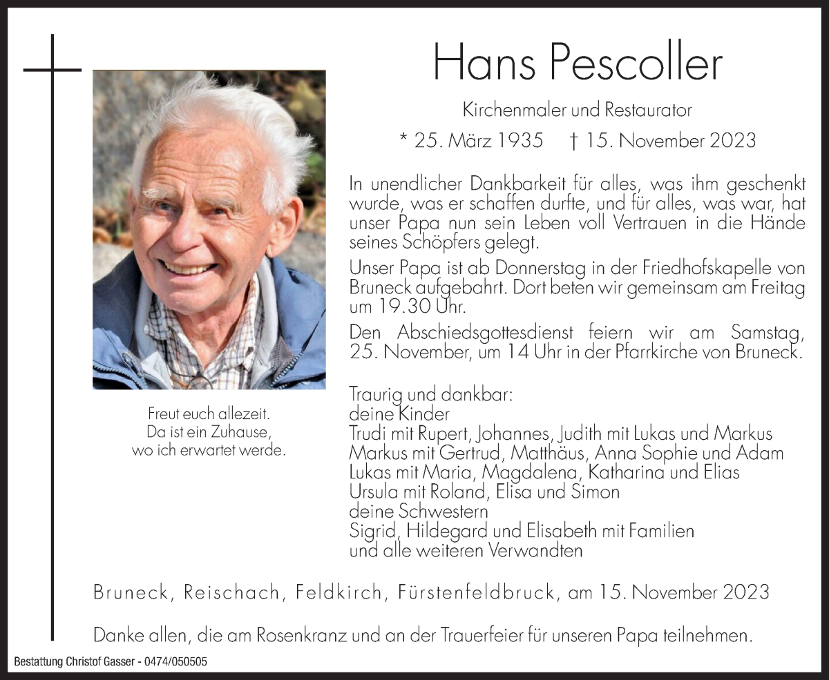  Traueranzeige für Hans Pescoller vom 22.11.2023 aus Dolomiten