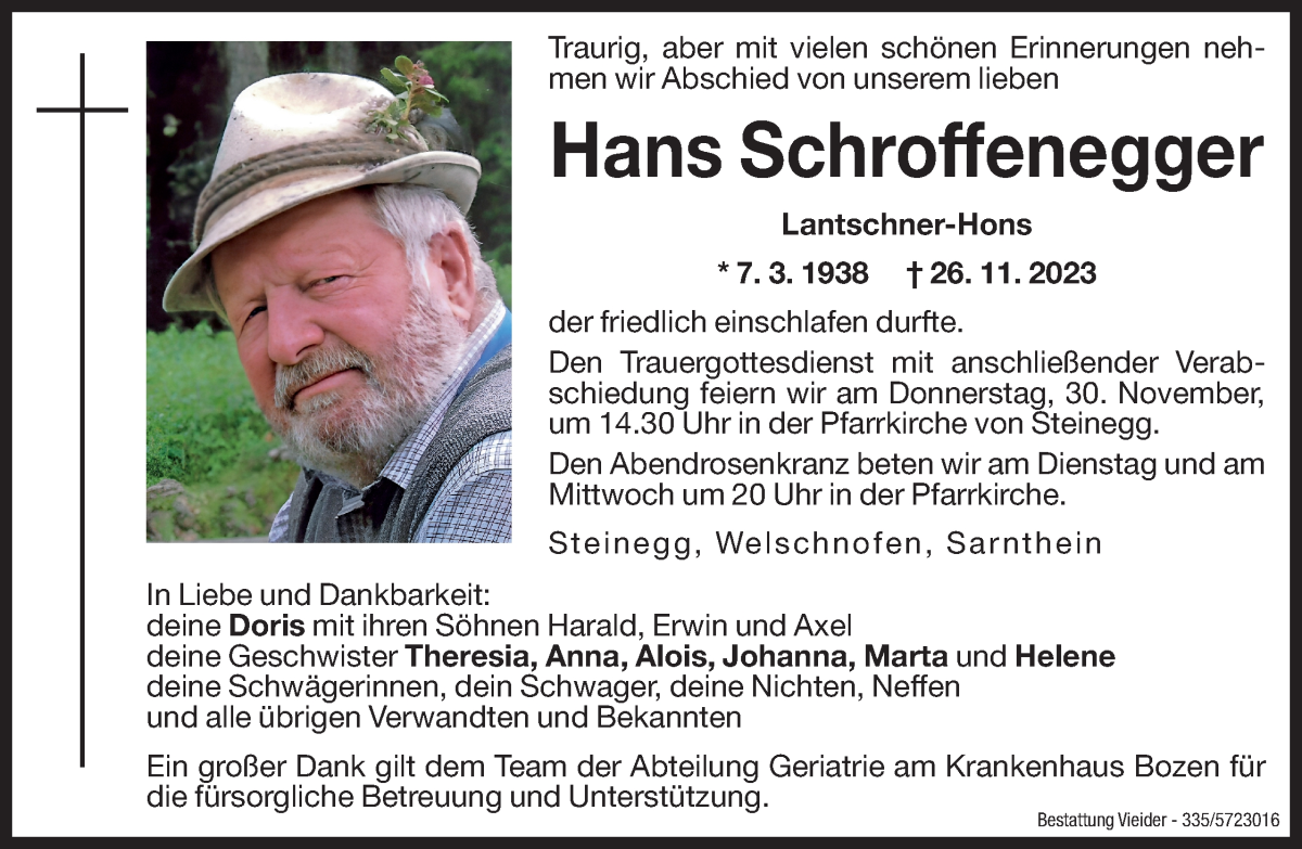  Traueranzeige für Hans Schroffenegger vom 28.11.2023 aus Dolomiten