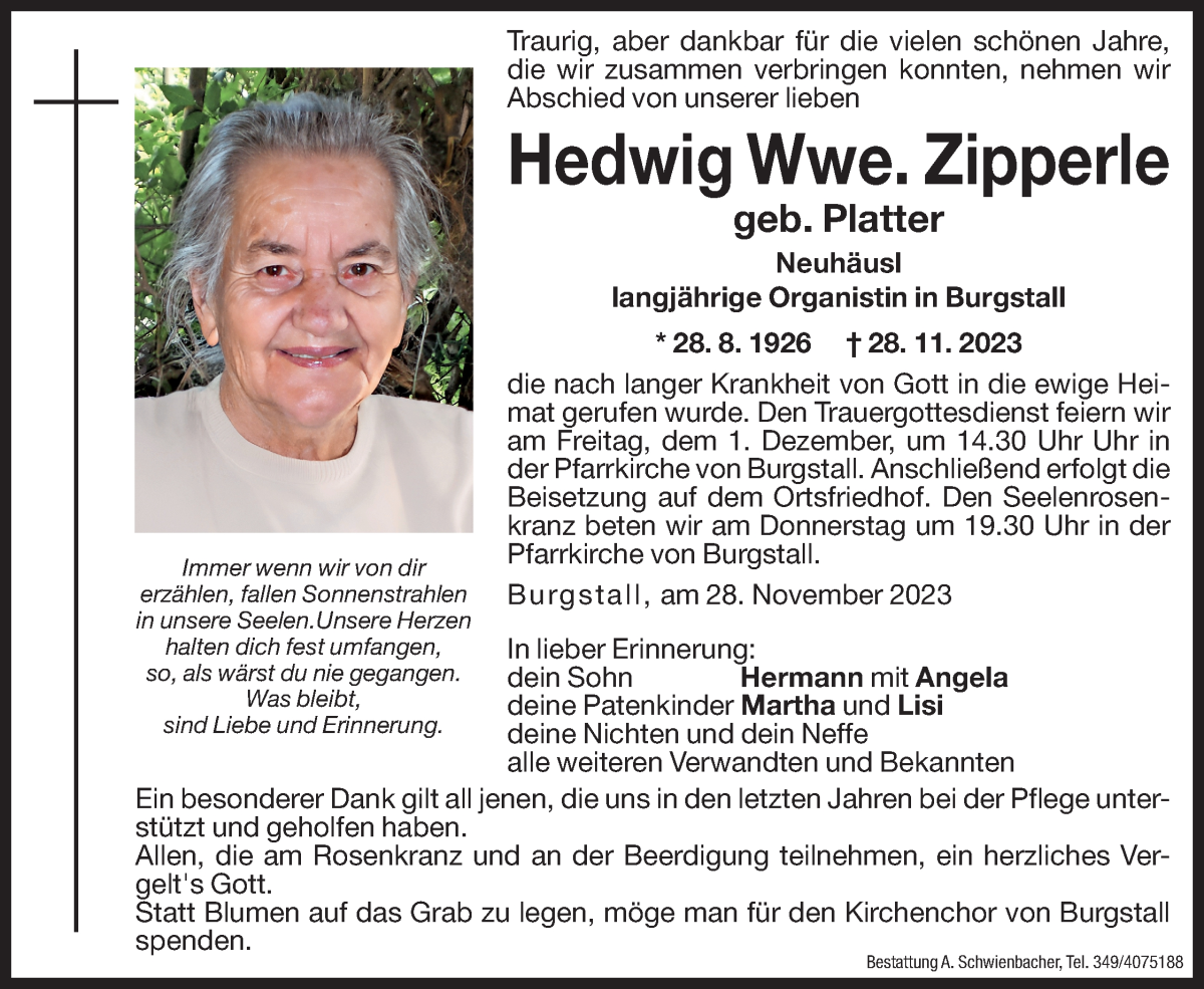  Traueranzeige für Hedwig Zipperle vom 29.11.2023 aus Dolomiten