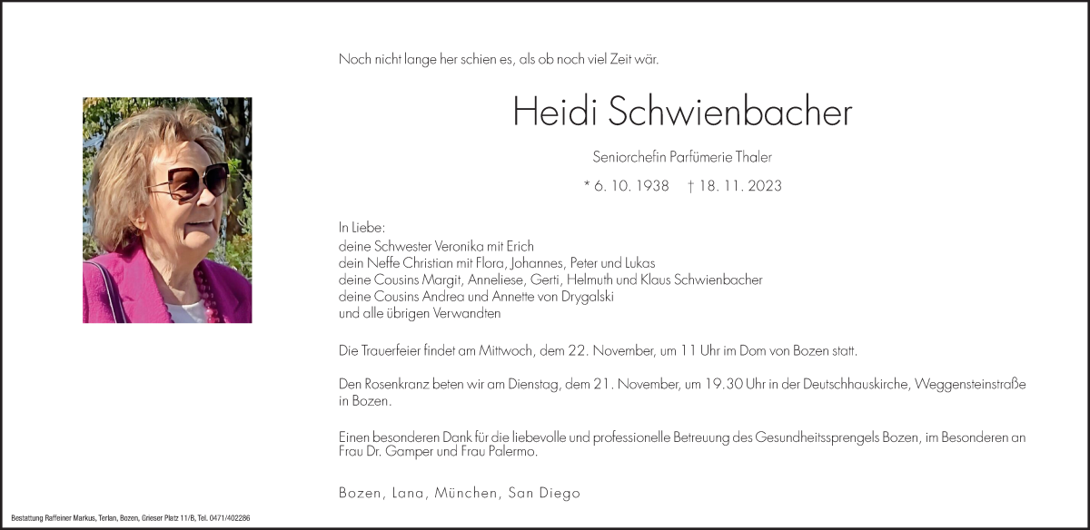  Traueranzeige für Heidi Schwienbacher vom 20.11.2023 aus Dolomiten