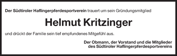 Traueranzeige von Helmut Kritzinger von Dolomiten