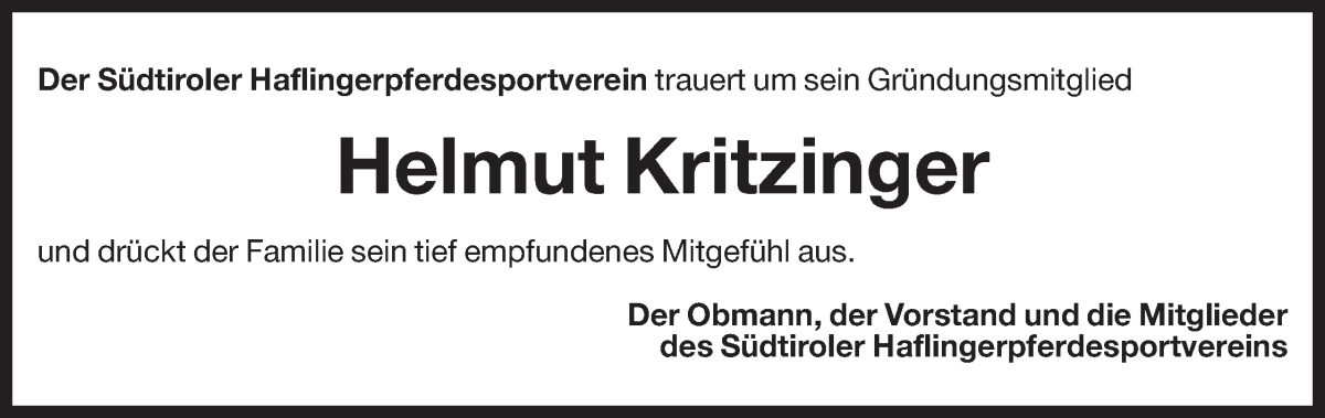  Traueranzeige für Helmut Kritzinger vom 02.11.2023 aus Dolomiten