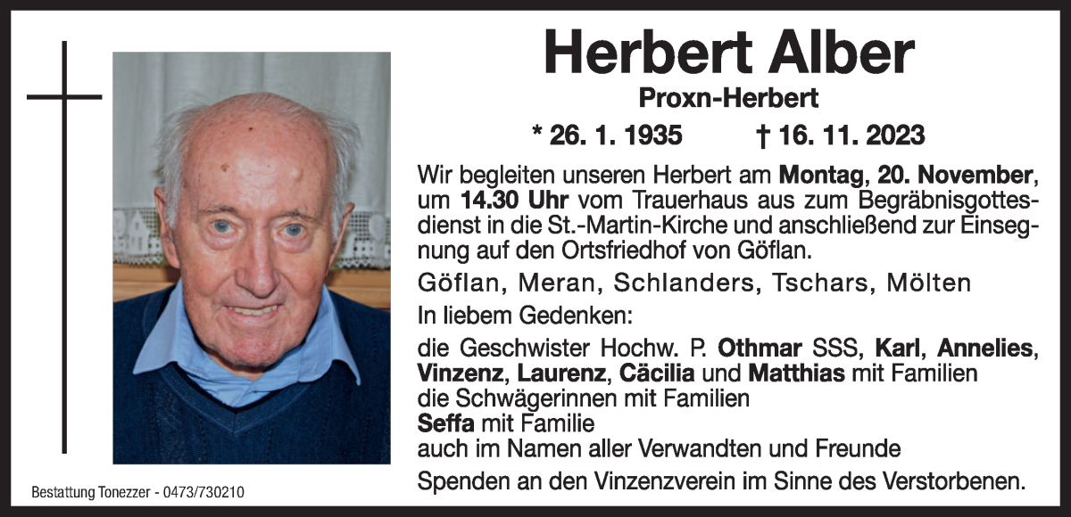  Traueranzeige für Herbert Alber vom 20.11.2023 aus Dolomiten