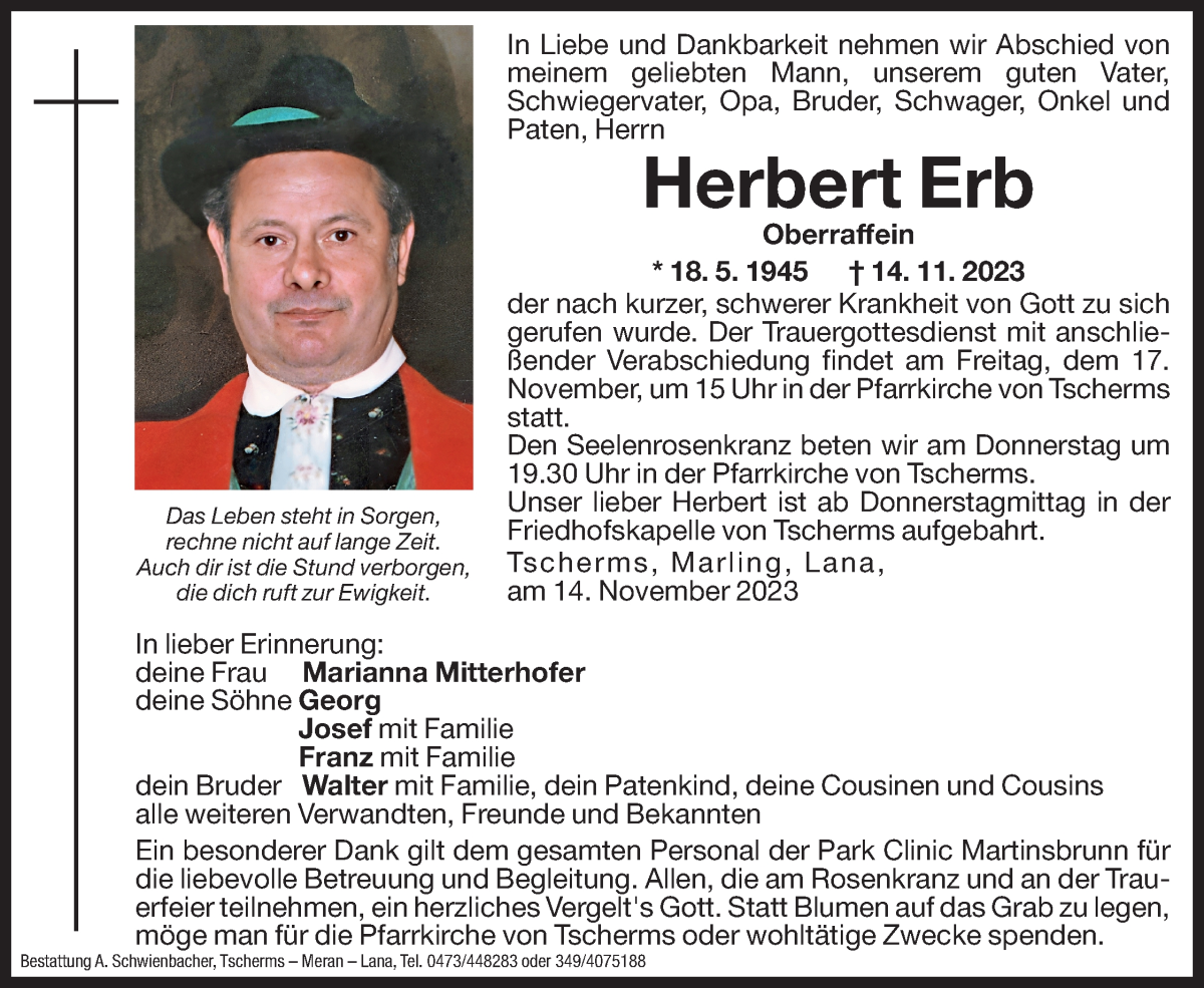  Traueranzeige für Herbert Erb vom 15.11.2023 aus Dolomiten