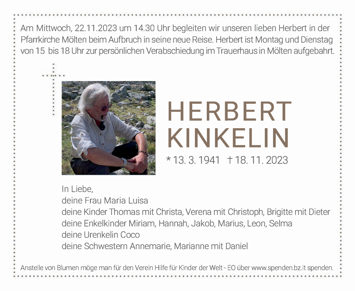  Traueranzeige für Herbert Kinkelin vom 20.11.2023 aus Dolomiten