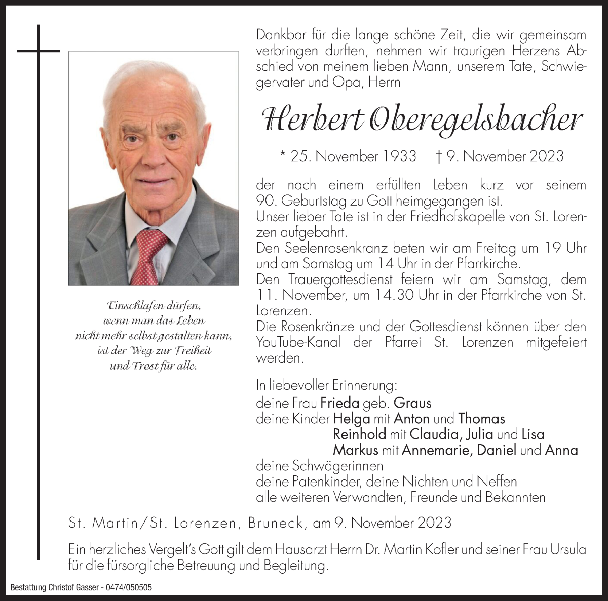  Traueranzeige für Herbert Oberegelsbacher  vom 10.11.2023 aus Dolomiten