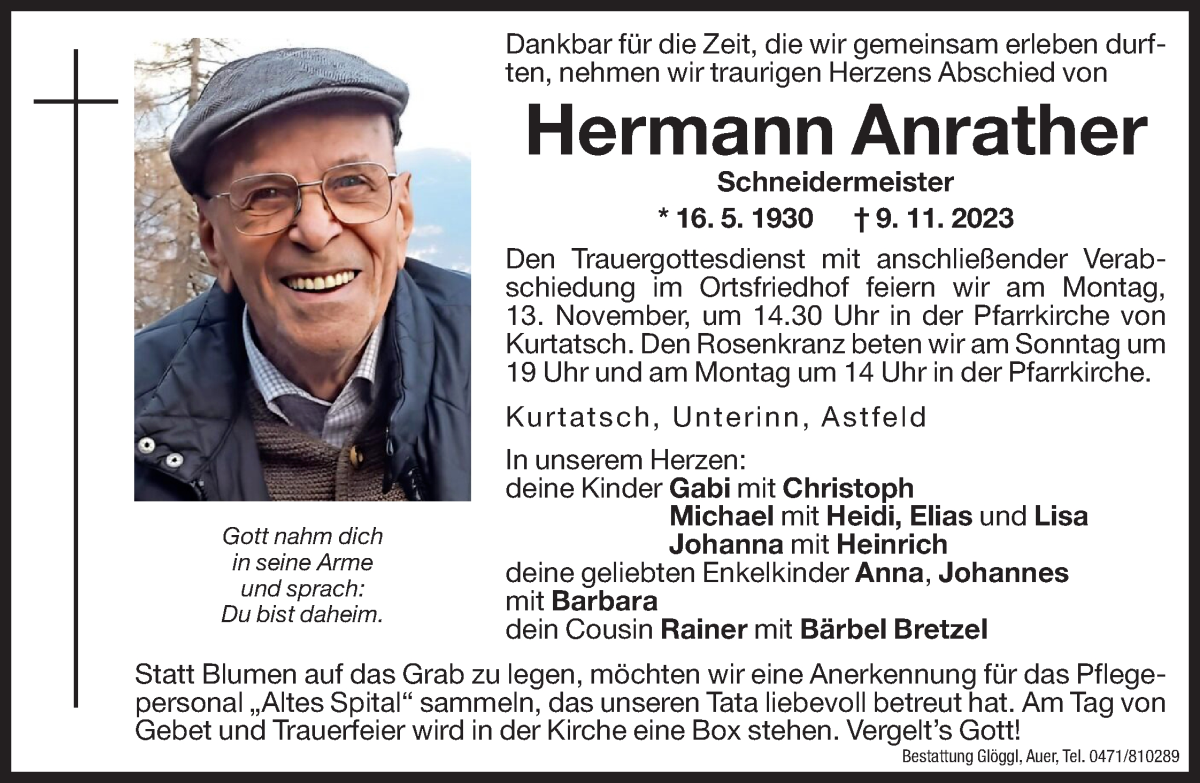  Traueranzeige für Hermann Anrather vom 11.11.2023 aus Dolomiten