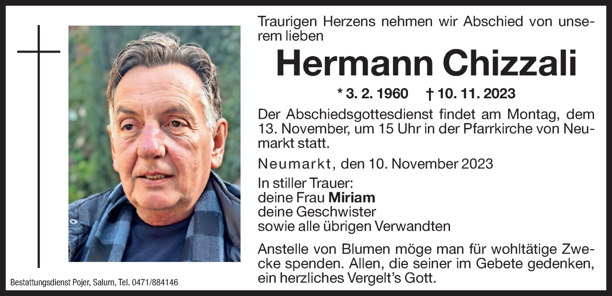  Traueranzeige für Hermann Chizzali vom 11.11.2023 aus Dolomiten