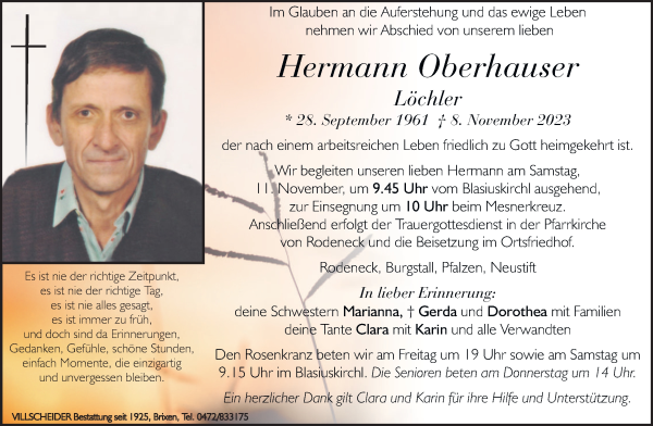 Traueranzeige von Hermann Oberhauser von Dolomiten