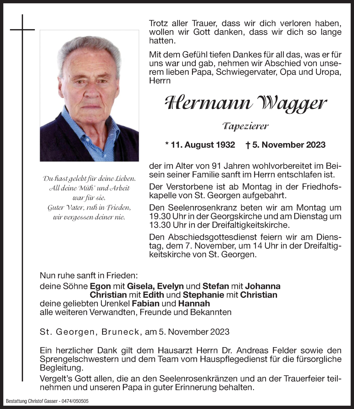  Traueranzeige für Hermann Wagger vom 06.11.2023 aus Dolomiten