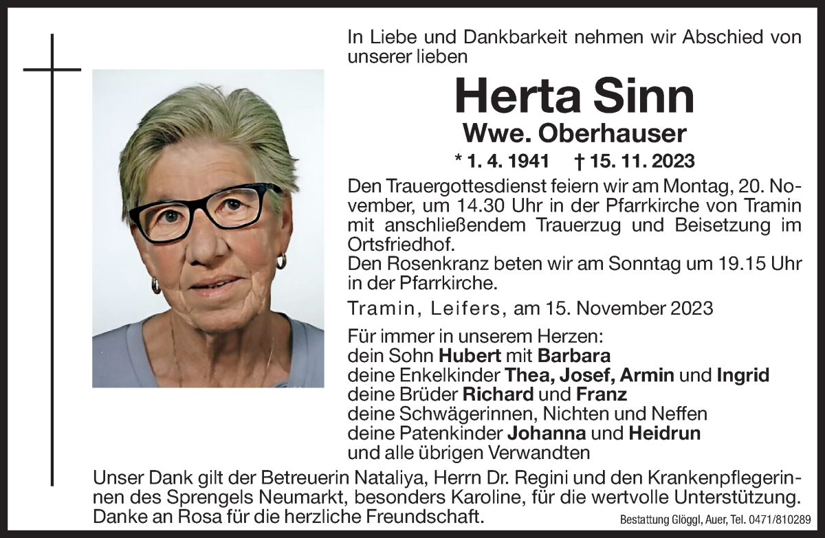  Traueranzeige für Herta Oberhauser vom 17.11.2023 aus Dolomiten