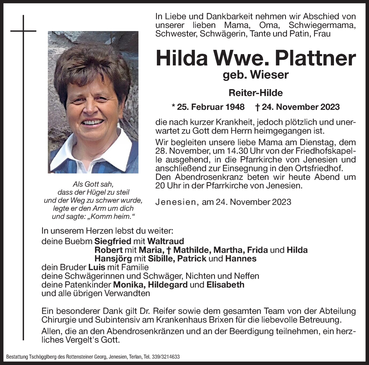  Traueranzeige für Hilda Plattner vom 27.11.2023 aus Dolomiten