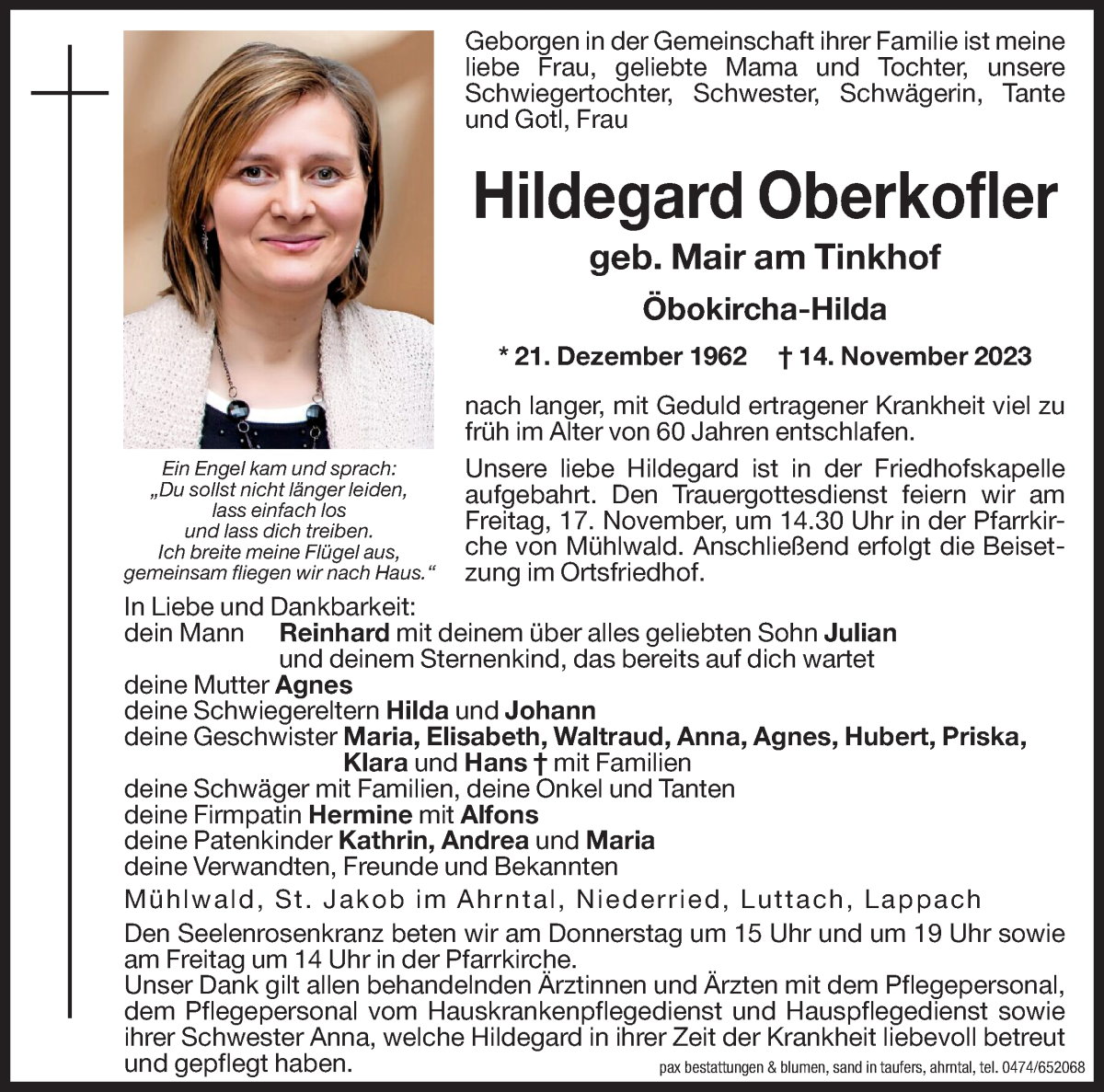  Traueranzeige für Hildegard Oberkofler vom 16.11.2023 aus Dolomiten
