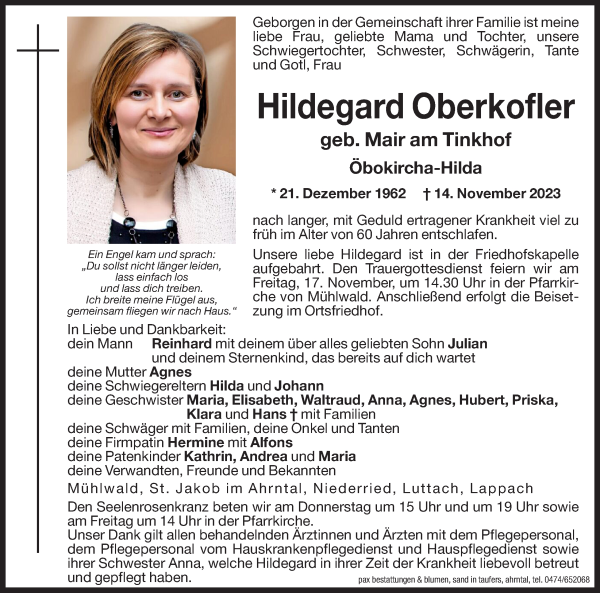Traueranzeige von Hildegard Oberkofler von Dolomiten
