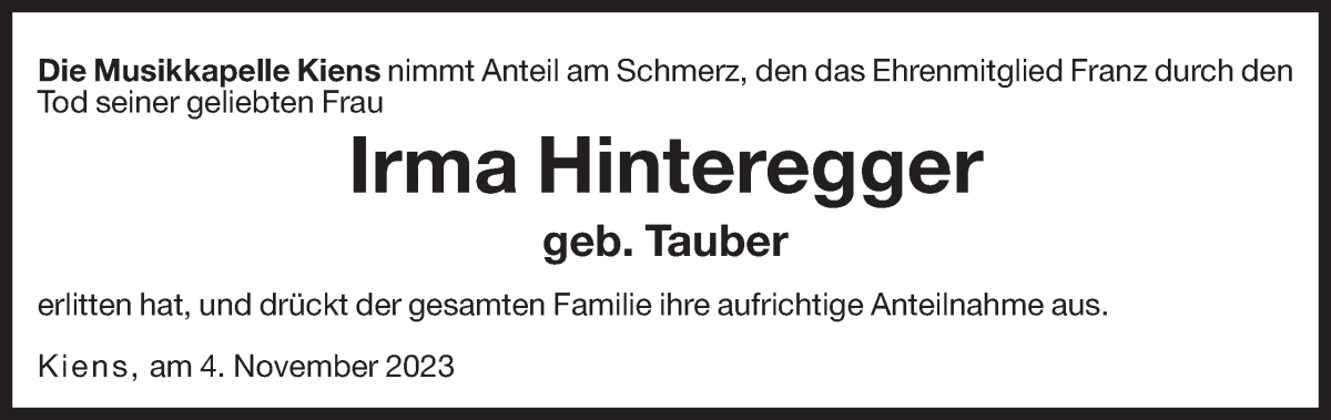  Traueranzeige für Irma Hinteregger vom 06.11.2023 aus Dolomiten