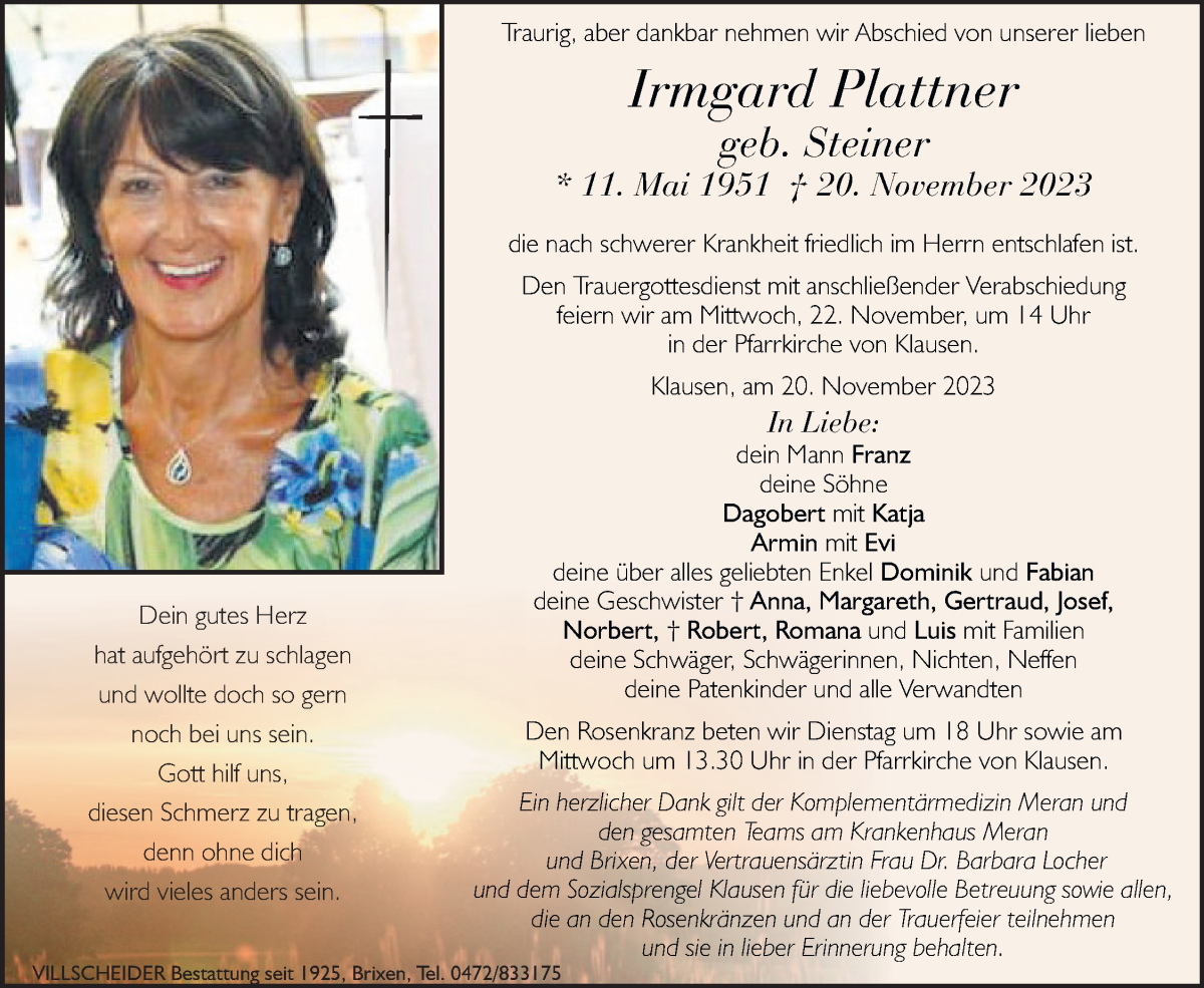  Traueranzeige für Irmgard Plattner vom 21.11.2023 aus Dolomiten