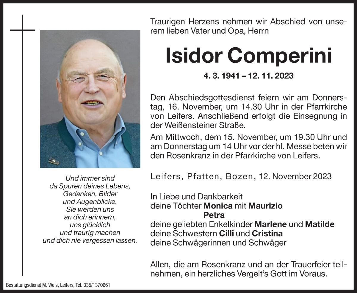  Traueranzeige für Isidor Comperini vom 14.11.2023 aus Dolomiten