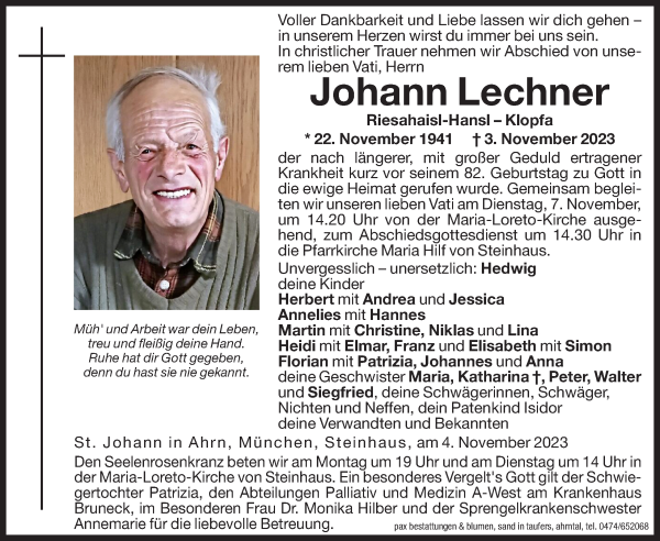 Traueranzeige von Johann Lechner von Dolomiten
