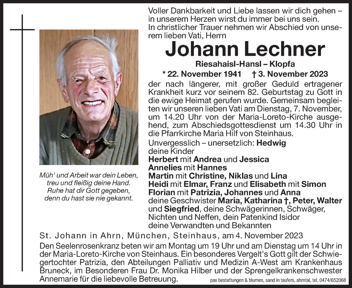  Traueranzeige für Johann Lechner vom 06.11.2023 aus Dolomiten