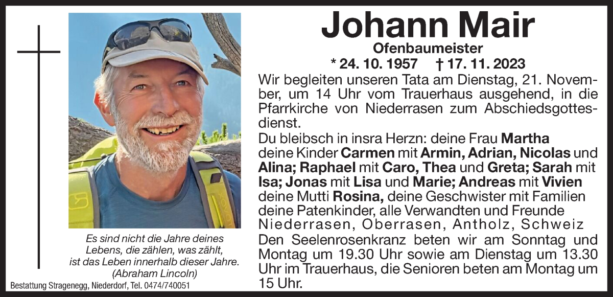  Traueranzeige für Johann Mair vom 18.11.2023 aus Dolomiten