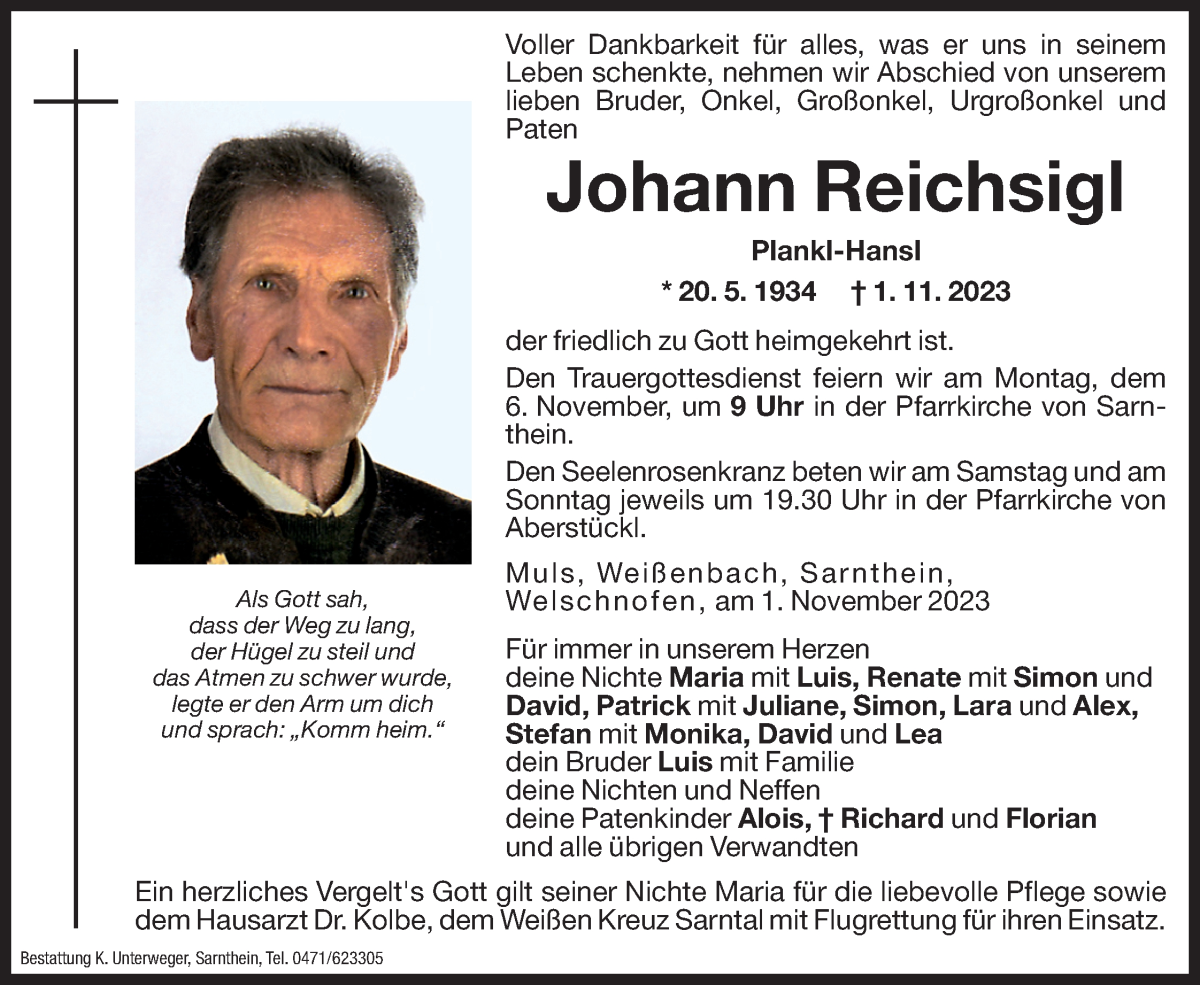  Traueranzeige für Johann Reichsigl vom 03.11.2023 aus Dolomiten