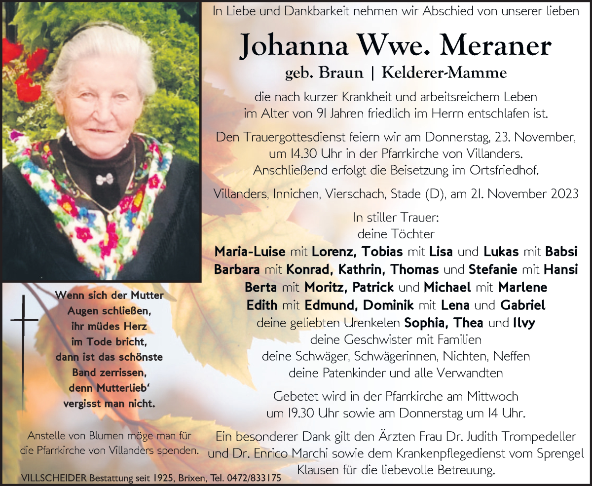  Traueranzeige für Johanna Meraner vom 22.11.2023 aus Dolomiten