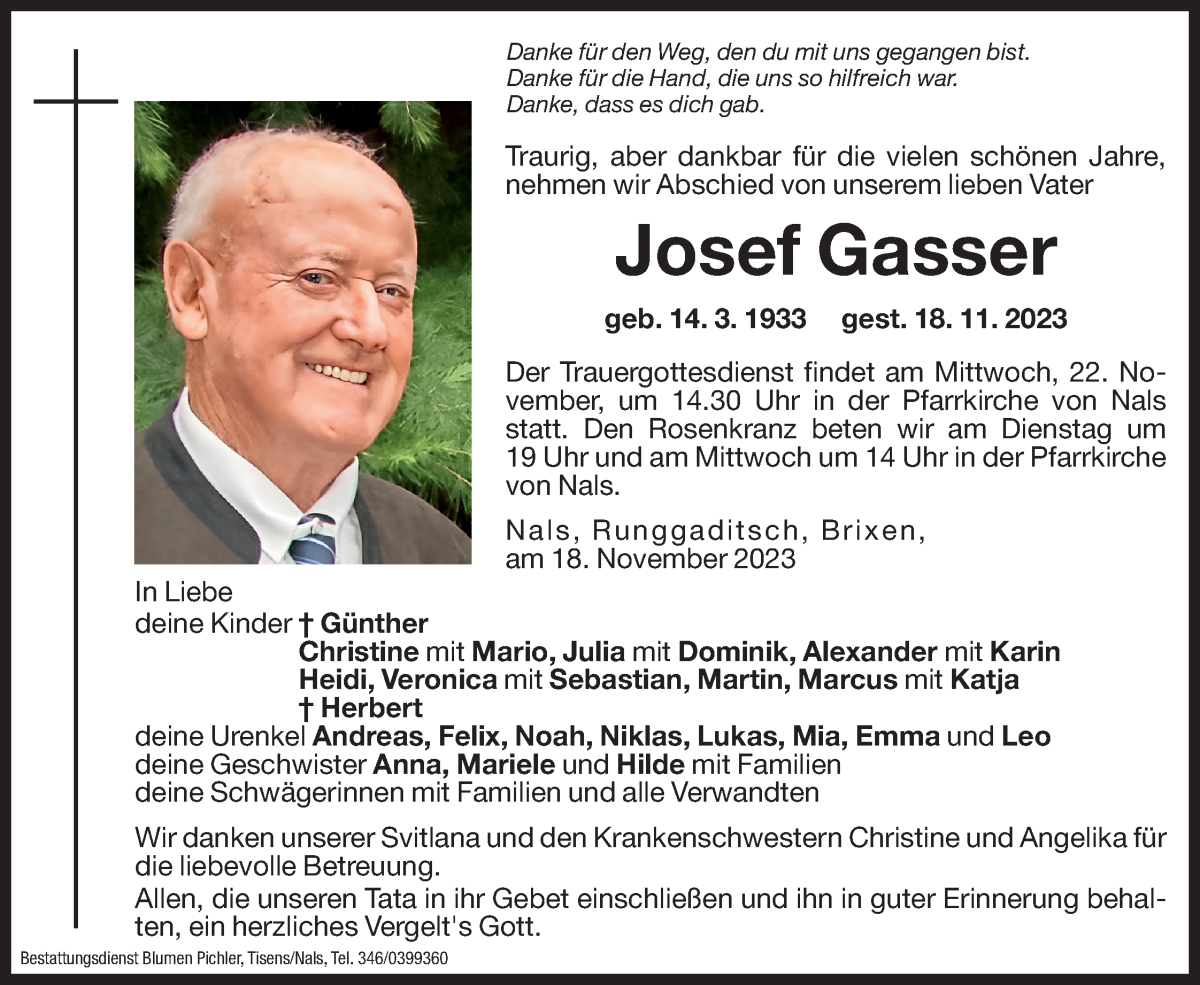  Traueranzeige für Josef Gasser vom 21.11.2023 aus Dolomiten
