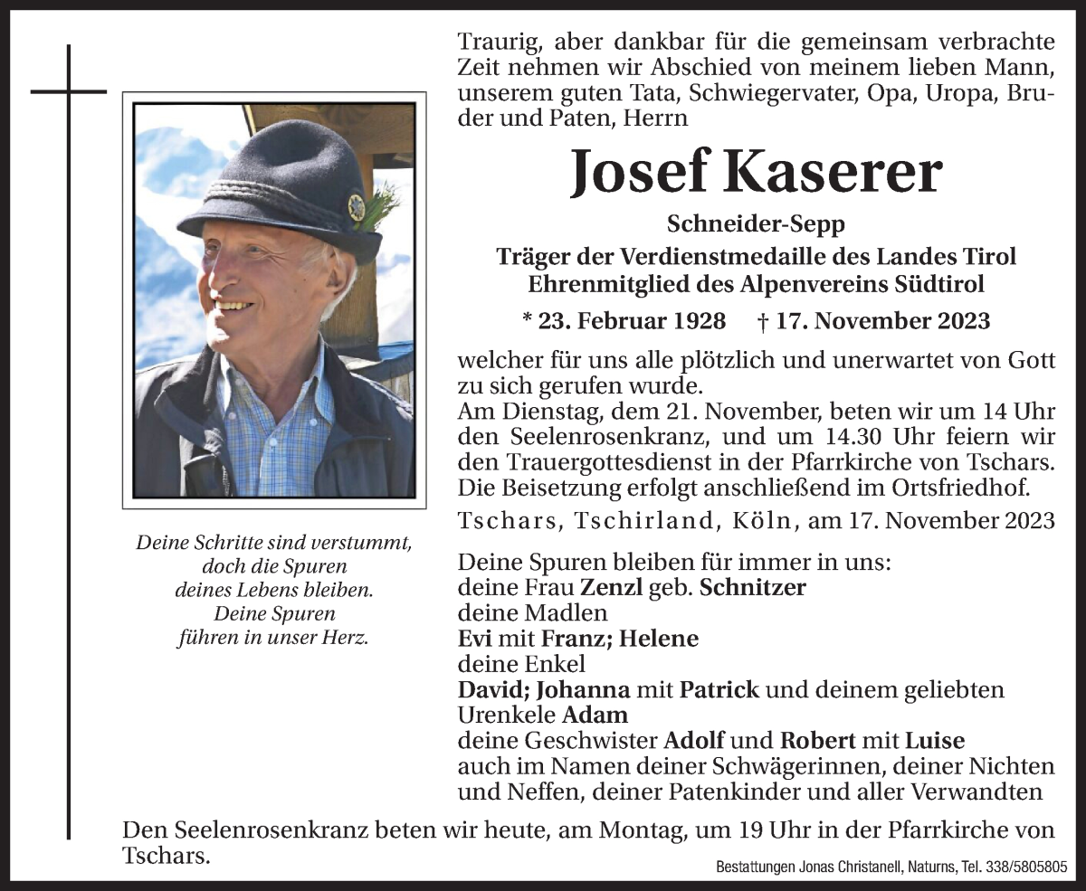  Traueranzeige für Josef Kaserer vom 20.11.2023 aus Dolomiten