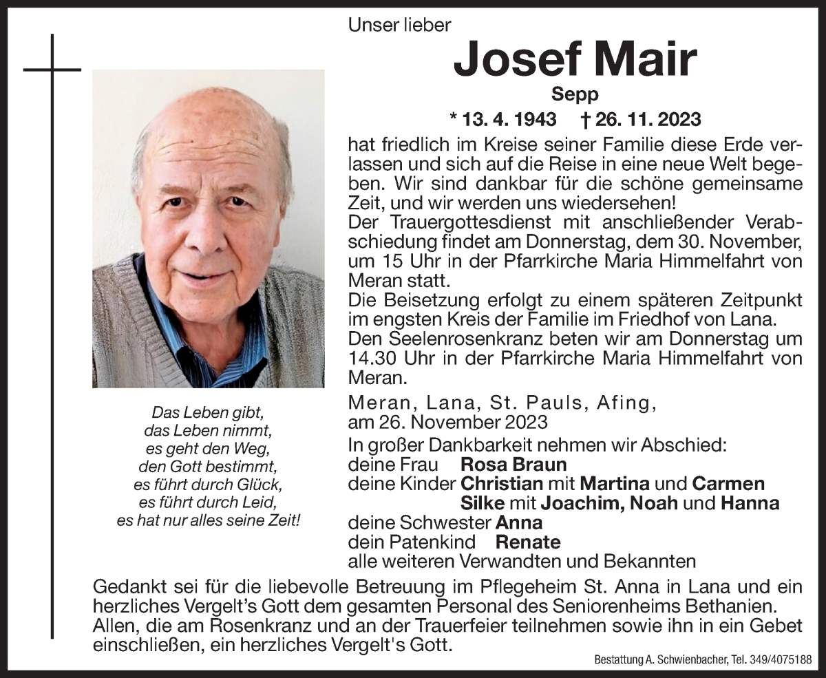  Traueranzeige für Josef Mair vom 28.11.2023 aus Dolomiten