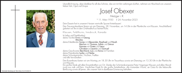 Traueranzeige von Josef Obexer von Dolomiten
