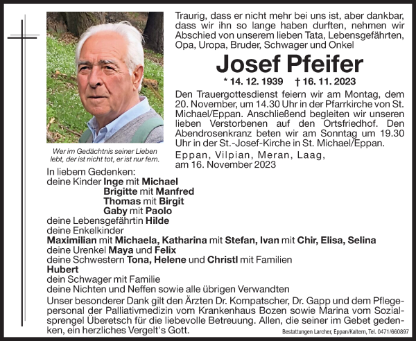 Traueranzeige von Josef Pfeifer von Dolomiten