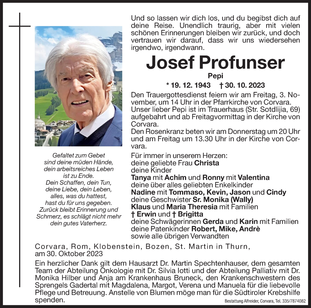  Traueranzeige für Josef Profunser vom 02.11.2023 aus Dolomiten