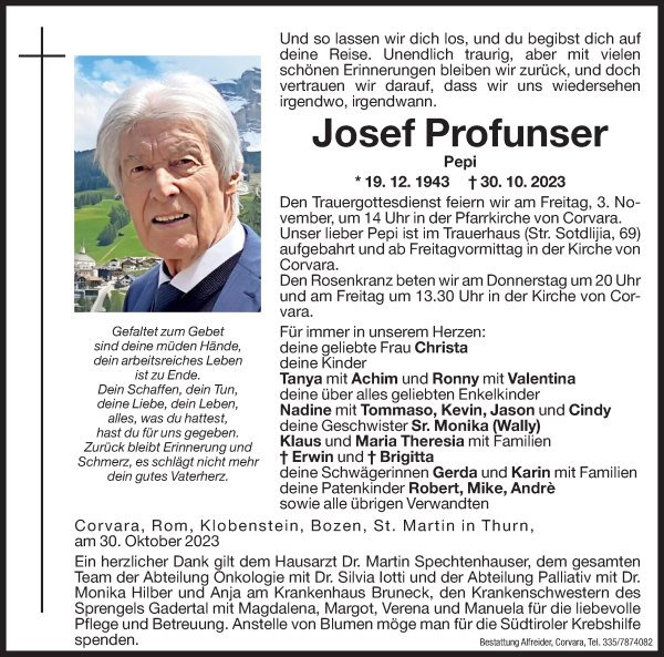 Traueranzeige von Josef Profunser von Dolomiten